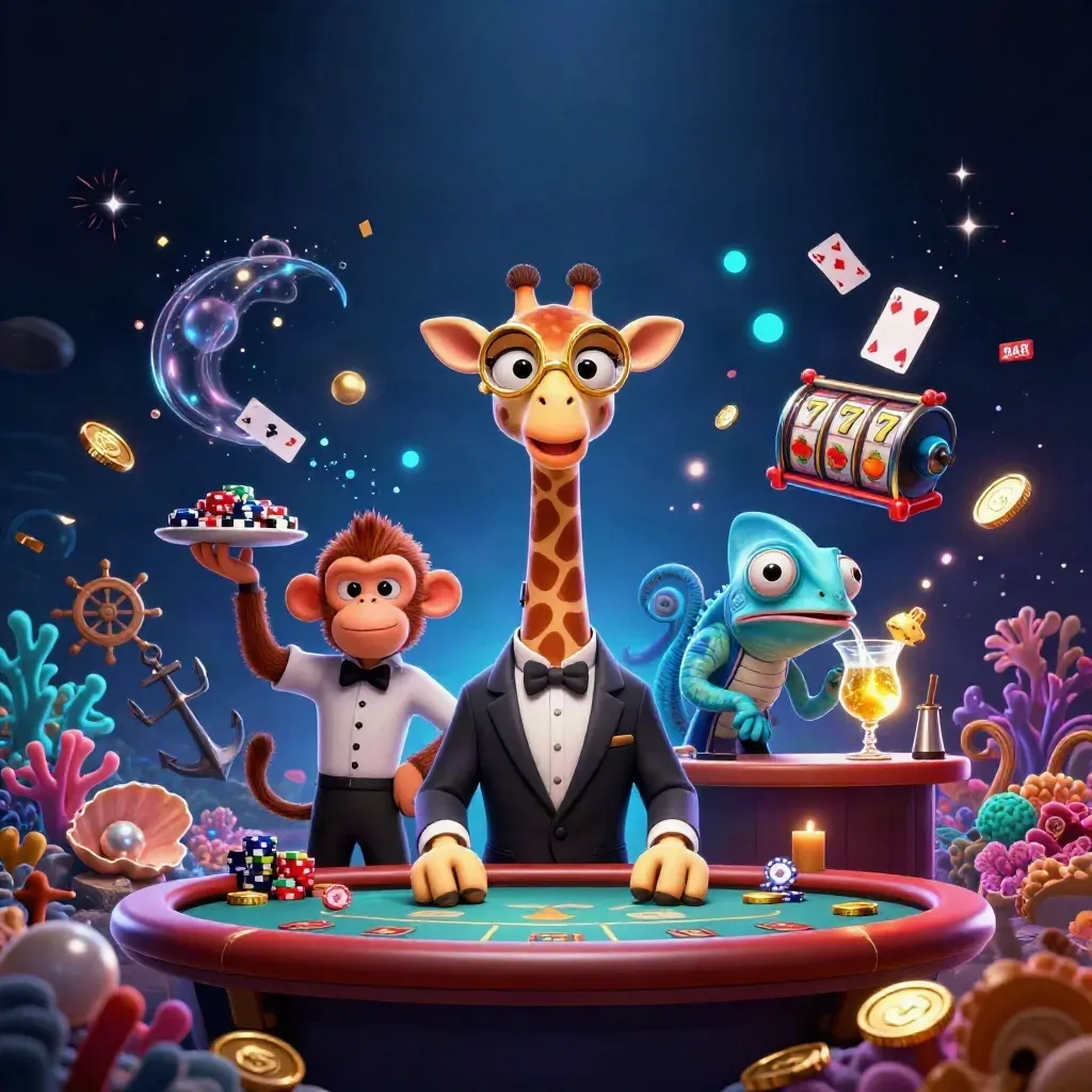 Glamorous giraffe, monkey valet and chameleon bartender in a neon treasure-cove casino scene.