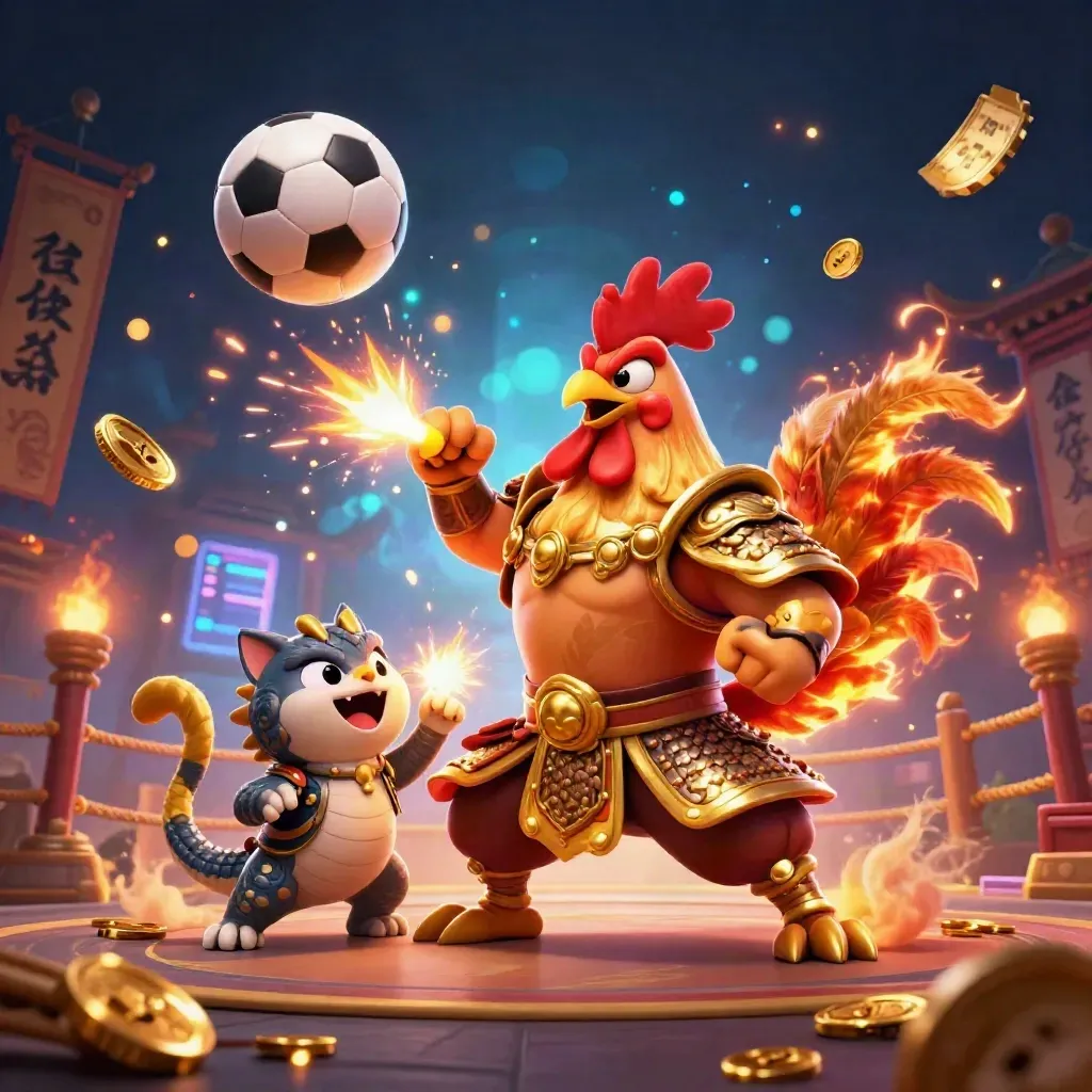 Rooster warrior, dragon hatchling, and fortune-cat amid flying balls, sparks, and gold in neon casino style