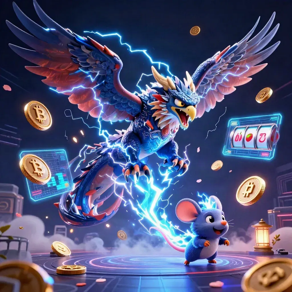 Thunder dragon, wind hawk and static mouse amid neon coins, lightning and slot symbols in dark space.