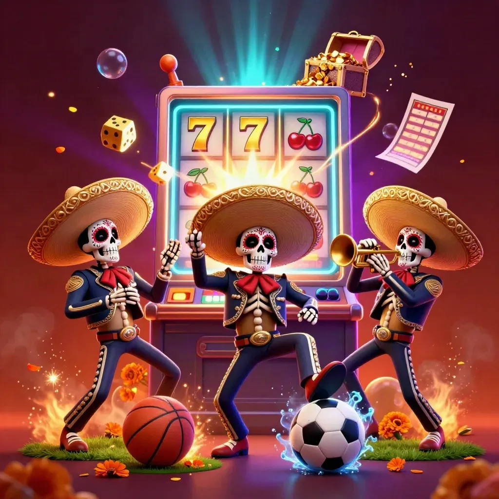 Skeleton mariachi trio, slot burst, soccer ball, and gold in a neon casino sports tile.
