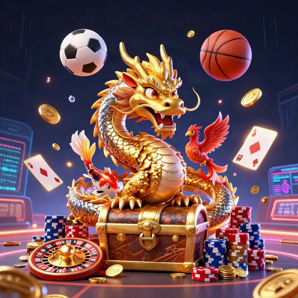 Golden dragon, phoenix, koi, chips, cards, roulette wheel, coins, and neon arena light.