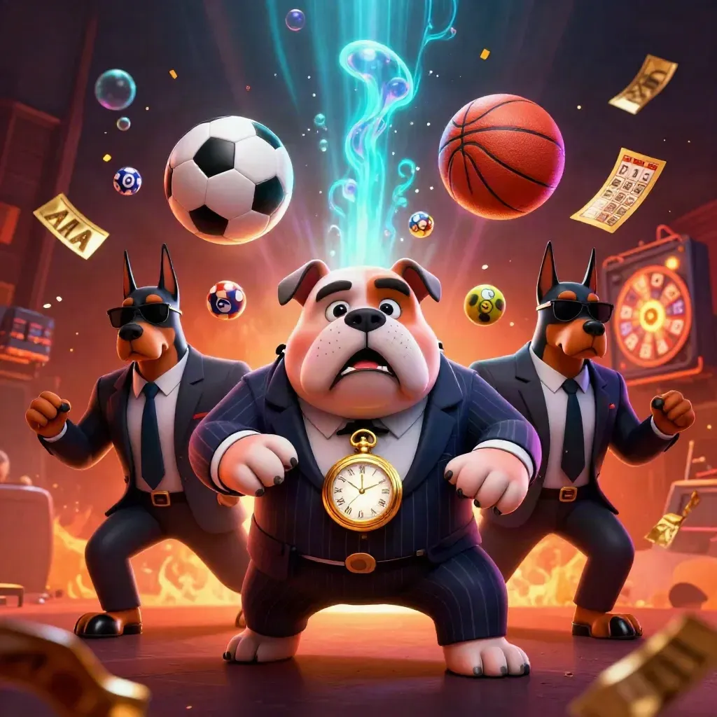 Bulldog boss with two Dobermans amid flying balls, prize wheel, bingo card, and casino confetti.