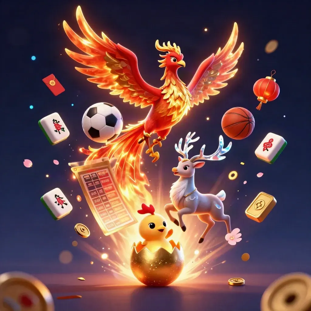 Phoenix, stag, and glowing sports balls erupt amid casino lights on a dark neon backdrop