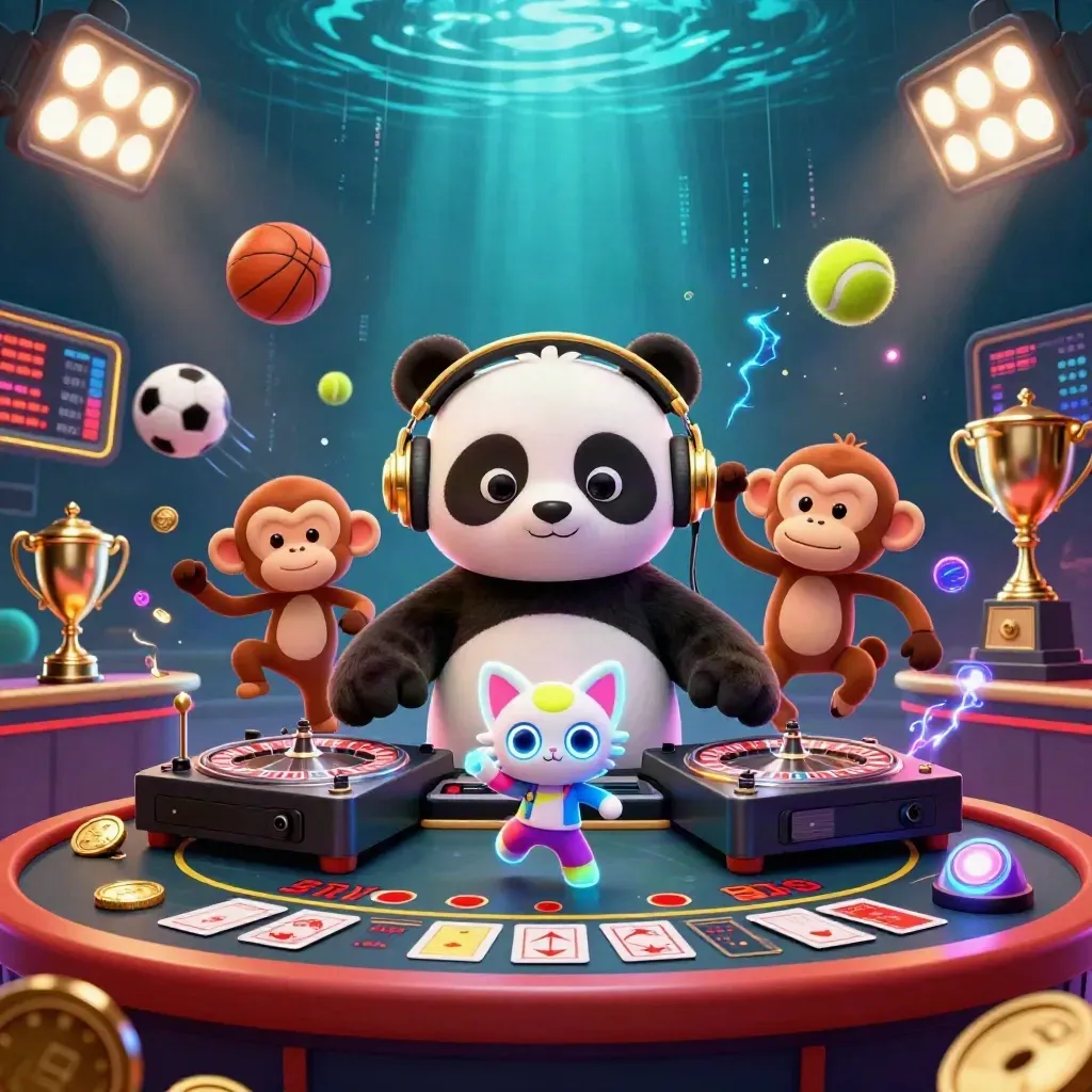 Panda DJ, monkey, and glow-stick kitten in a neon casino scene with balls, trophy, and roulette spin.