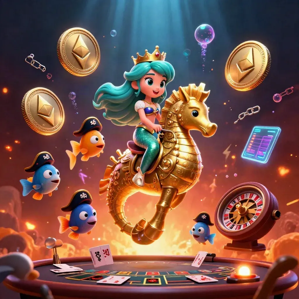 Mermaid princess on armored seahorse with pirate fish in a neon casino underwater fantasy.