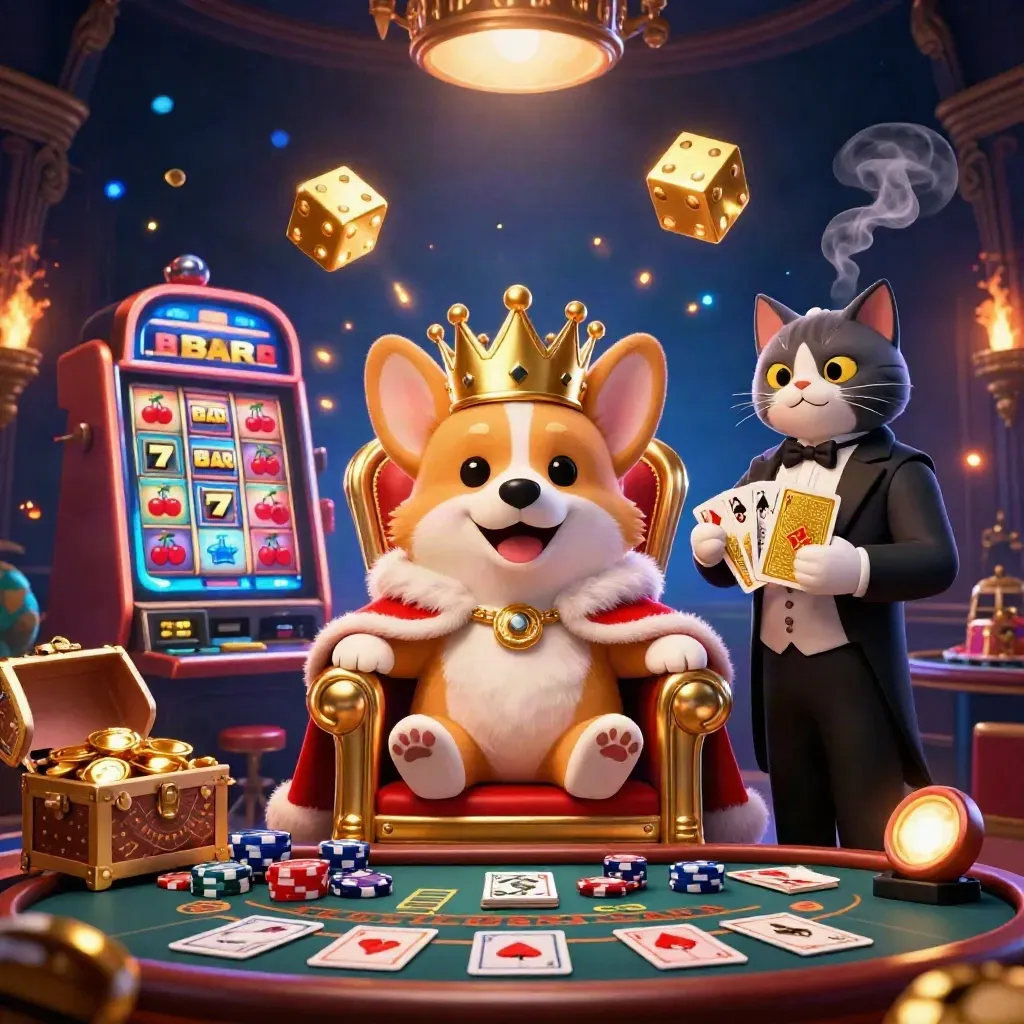Royal corgi and cat butler in a luxe casino scene with slots, dice, roulette, gold, and dramatic neon lighting.