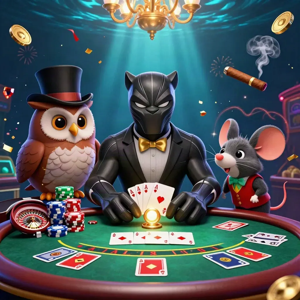 Panther, owl, and mouse gamble amid chips, aces, confetti, chandelier light, and neon casino glow.