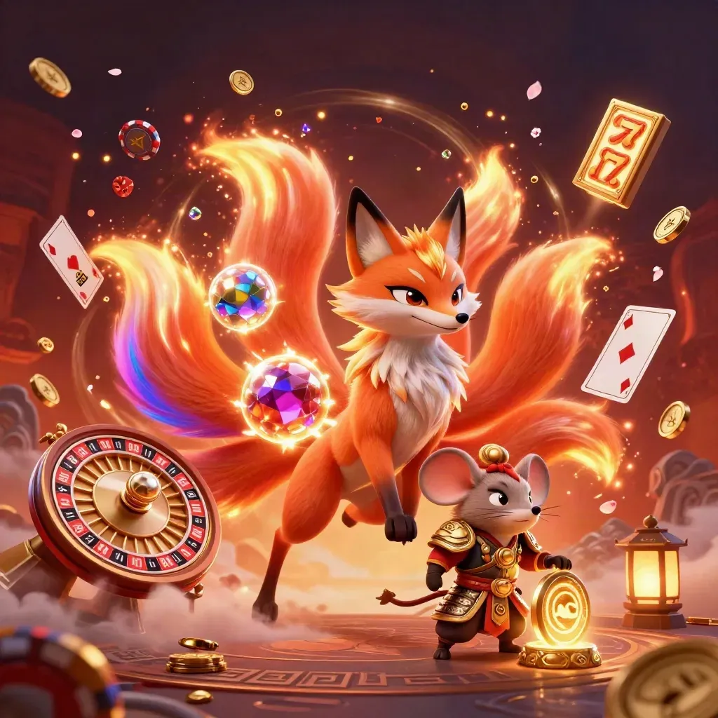 Nine-tailed fox spirit and armored mouse amid casino coins, cards, chips, and glowing runes.