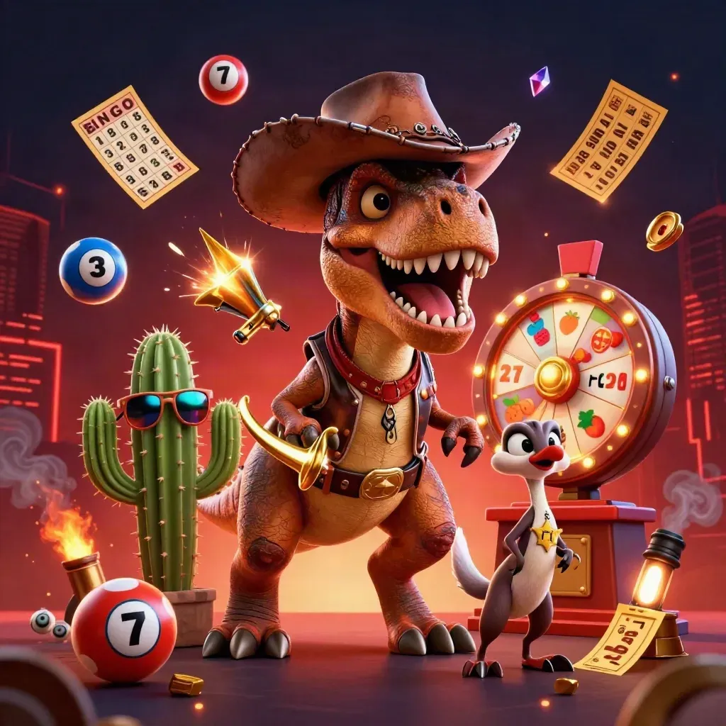 Cowboy T-Rex, cactus sidekick and roadrunner amid casino burst of balls, tickets and neon embers