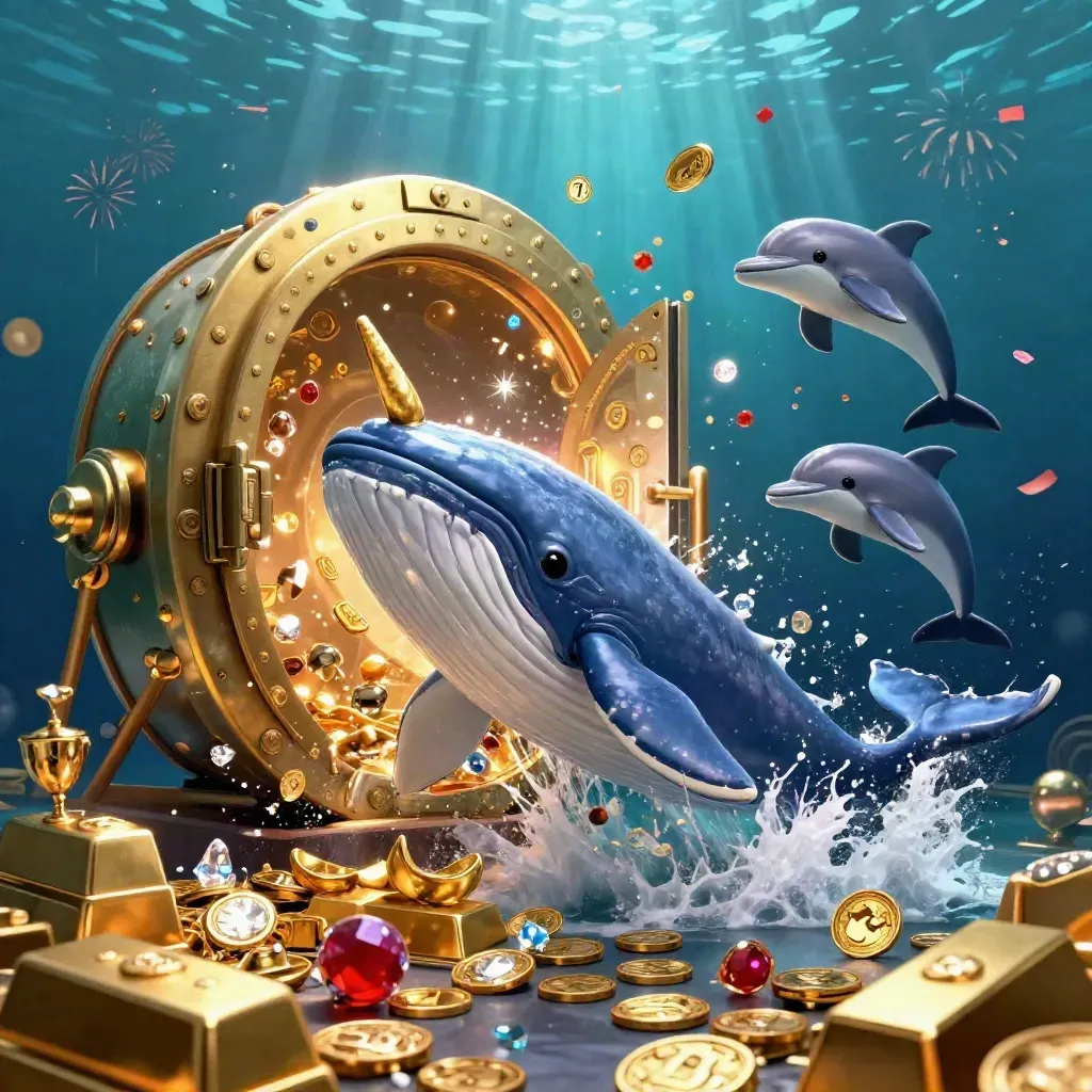 Whale captain, narwhal and dolphins amid treasure, vault door, gems and underwater casino glow.