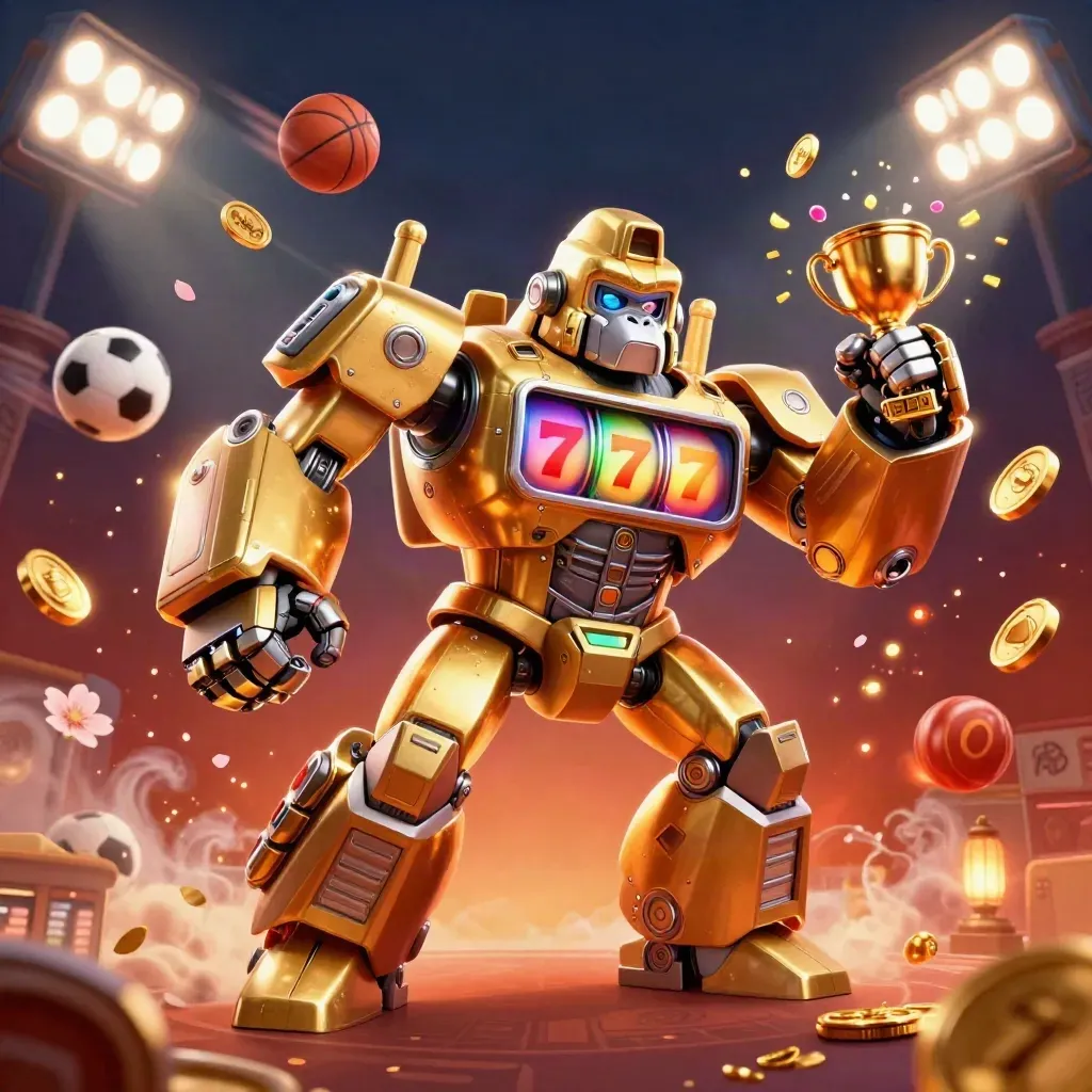 Golden gorilla mech with a monkey pilot bursts with sports balls, coins, trophy and neon casino energy.