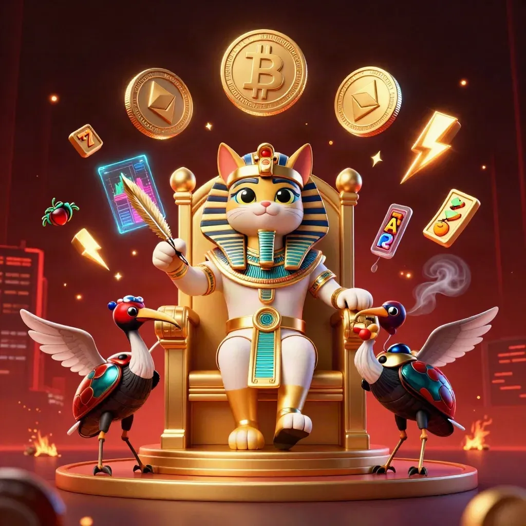 Pharaoh cat, ibis scribe, and gem-wing scarabs amid coins, embers, and neon casino effects.