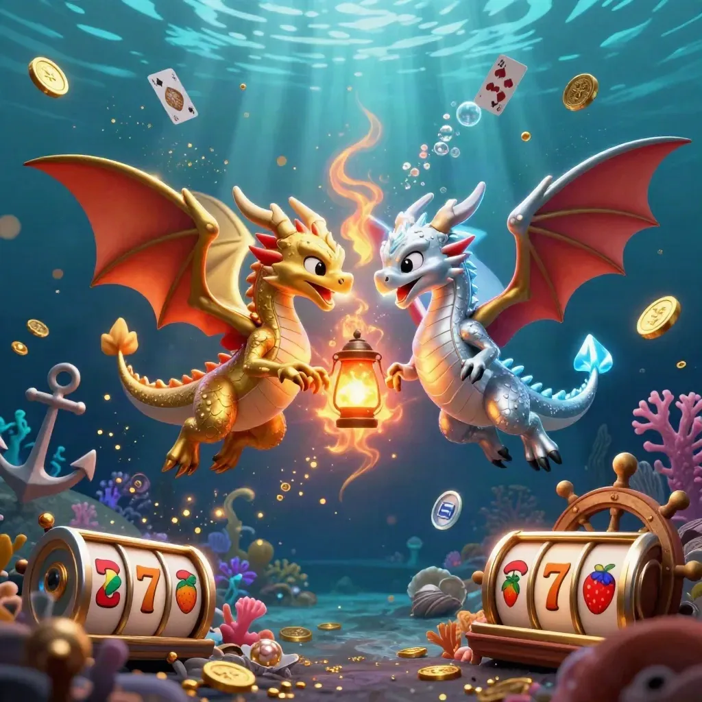 Gold and silver dragons clash above an underwater treasure cove with glowing loot and bubbles