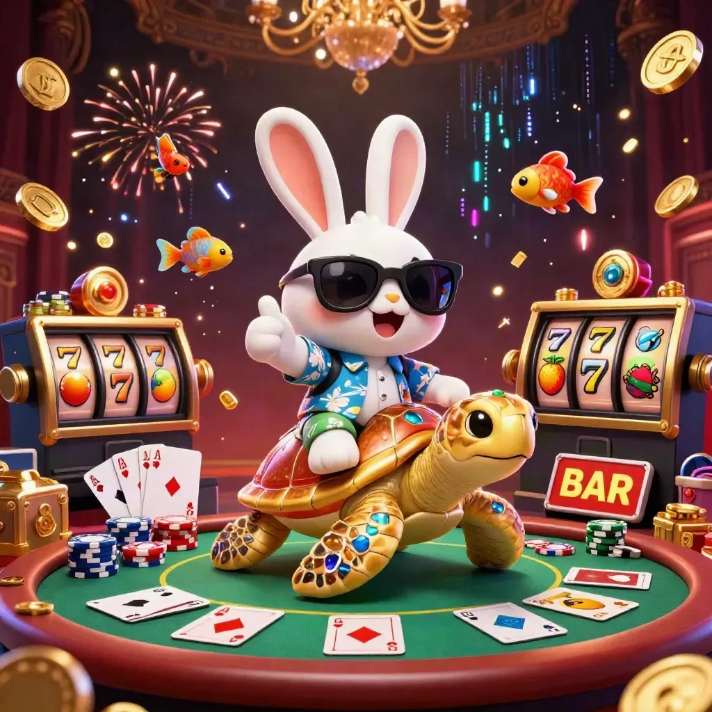Rabbit on golden turtle amid chips, aces, reels, coins, fireworks, and casino glow.