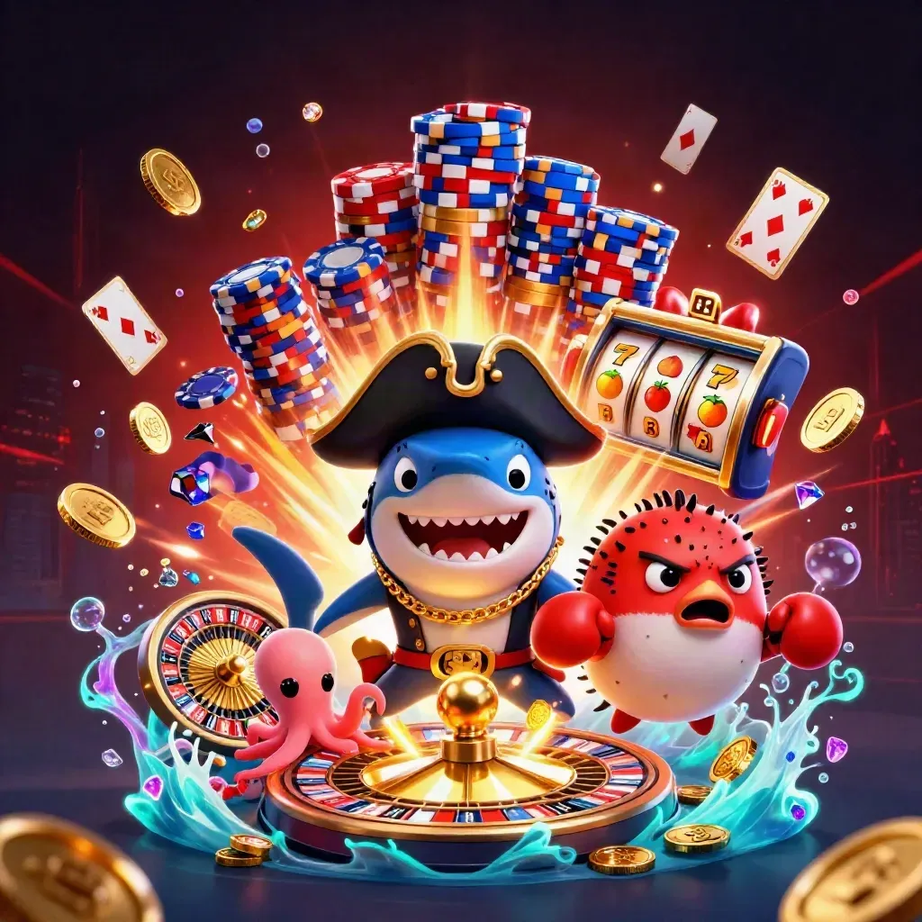 Pirate shark, boxing pufferfish, and juggling octopus amid coins, chips, reels, and fireworks.