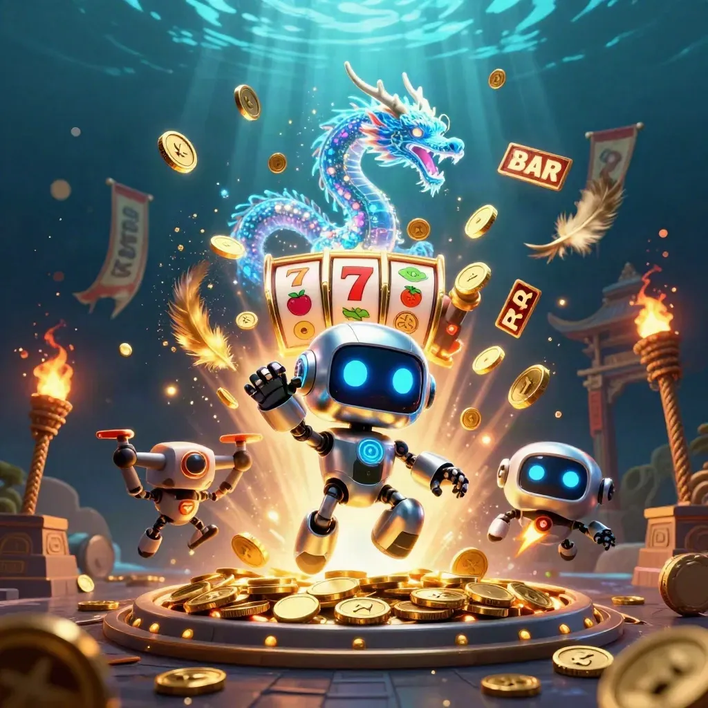 Cyberpunk robot, holographic dragon, and coin drone amid a bursting casino treasure scene.