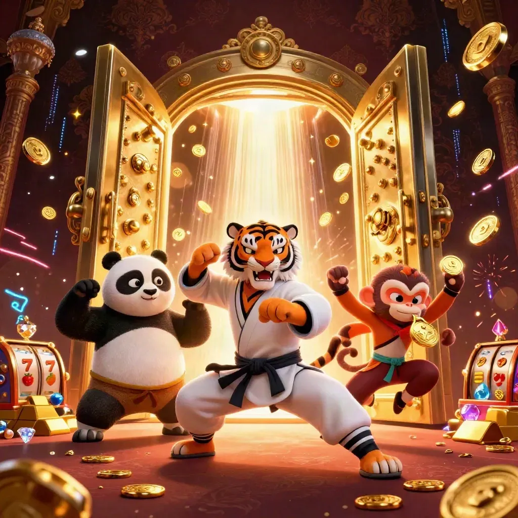 Tiger, panda, and monkey celebrate a vault blast with coins, gems, and slot reels.