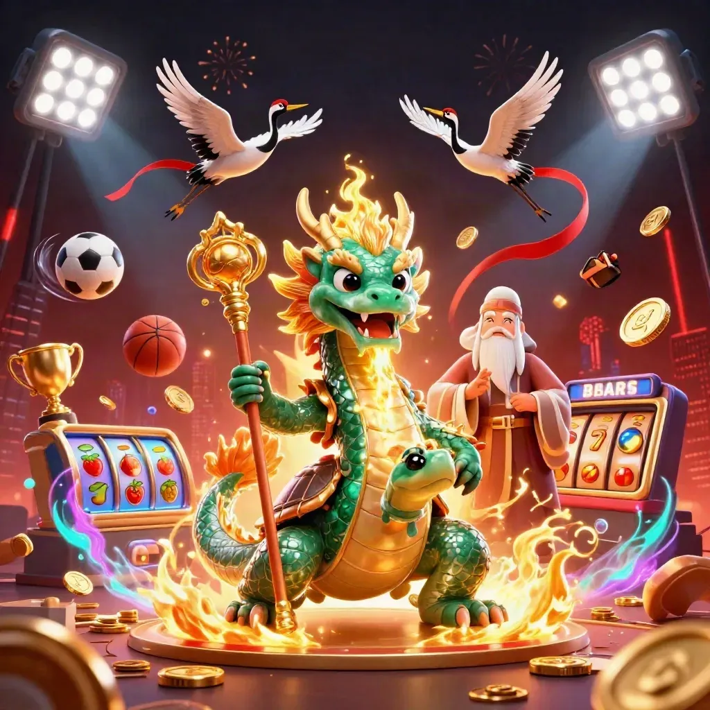 Emerald dragon, turtle sage, and cranes amid casino bursts, coins, reels, and fireworks.