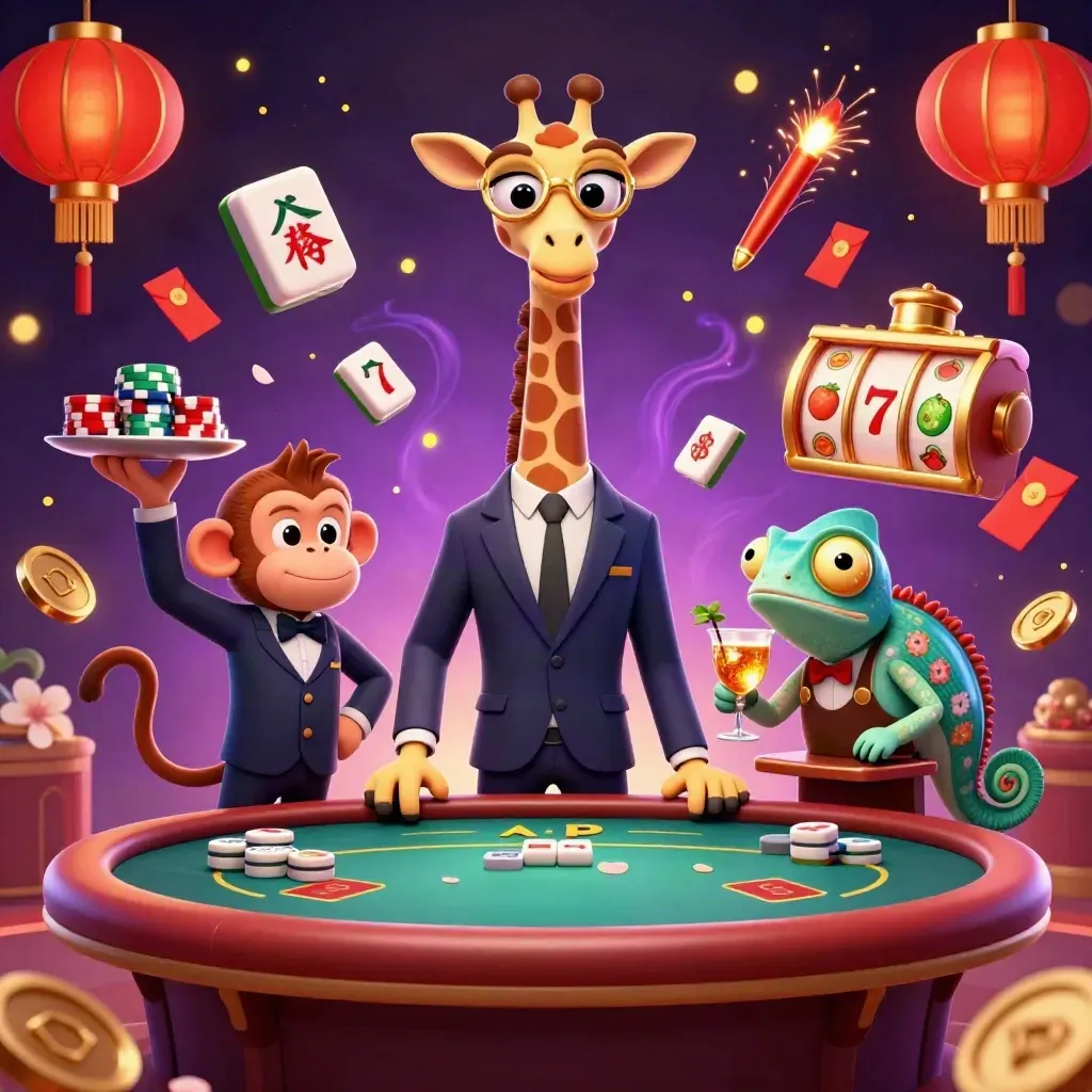 Giraffe gambler, monkey valet, and chameleon bartender amid glowing casino symbols and gold light.