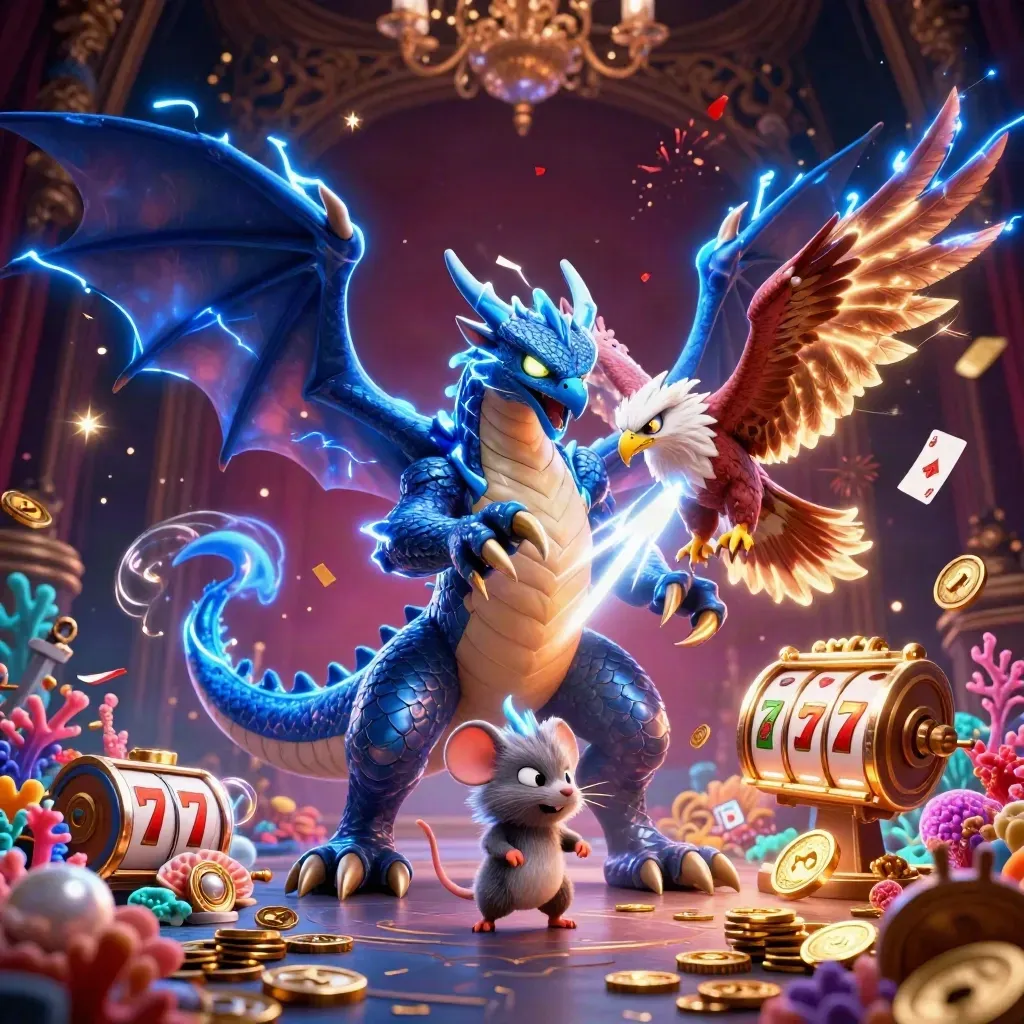 Thunder dragon, wind hawk, and static mouse amid casino treasure and glowing slot symbols.