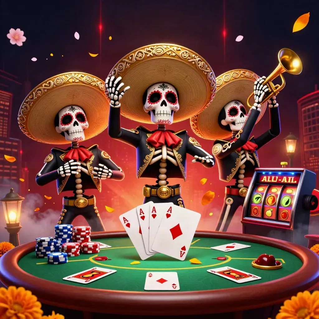 Three skeleton mariachi performers amid poker chips, cards, slot reels, and glowing casino lights