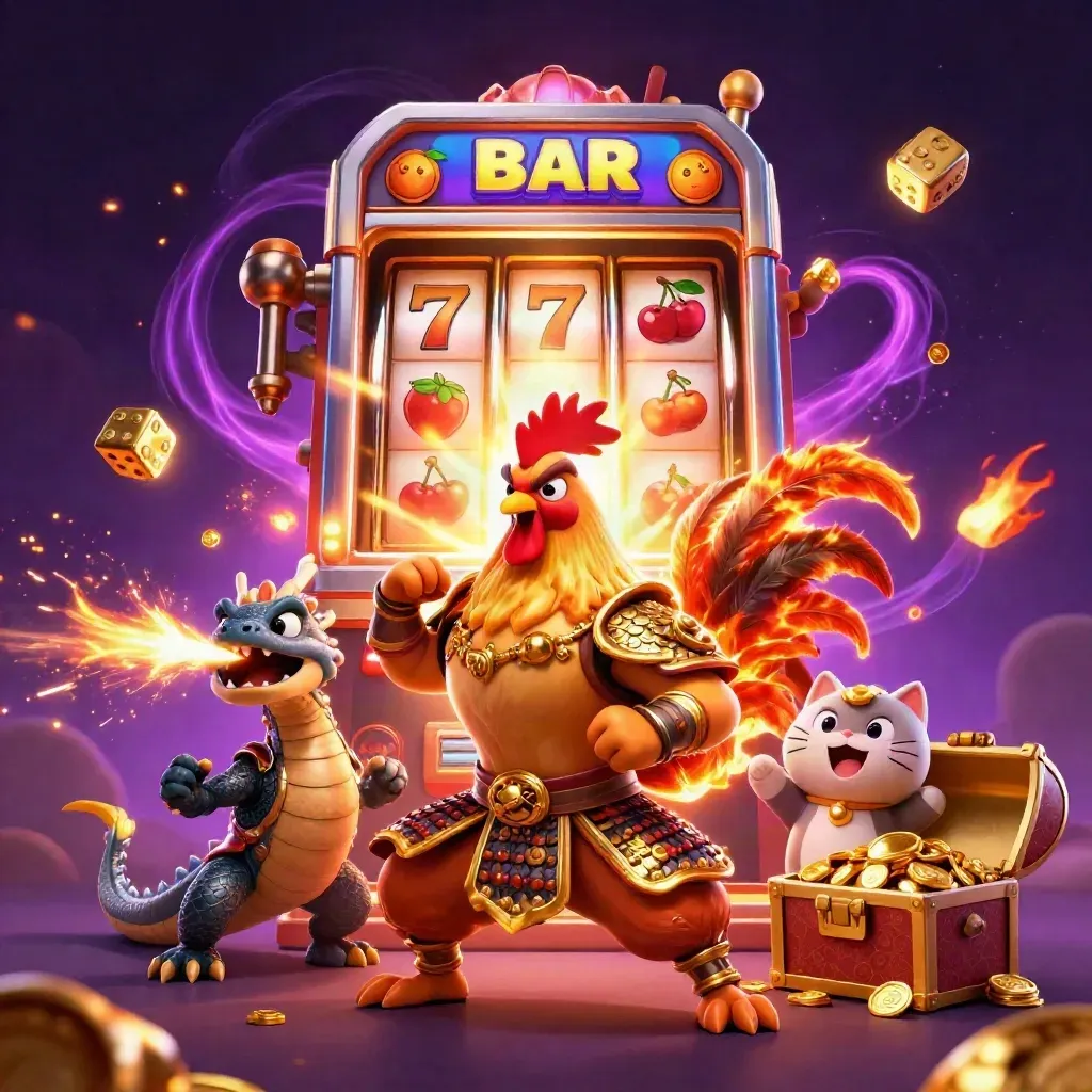 Rooster samurai, dragon hatchling, fortune cat, slot machine bursts with gold in a purple casino scene