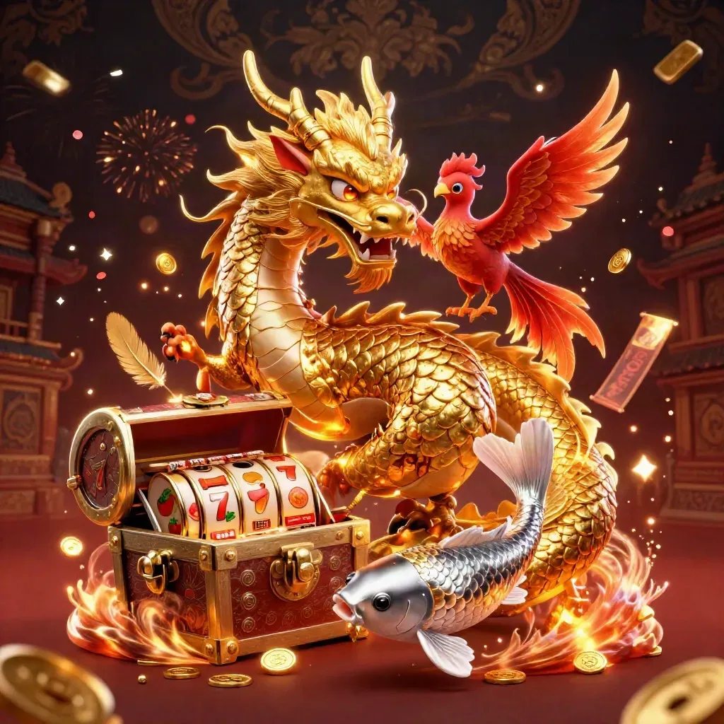 Golden dragon, red phoenix, and koi burst around a treasure chest in premium casino art