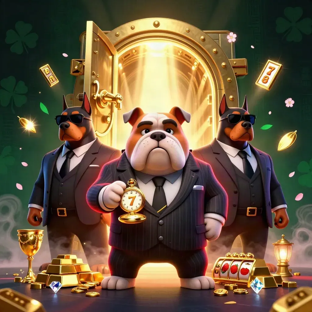 Bulldog mob boss with two Dobermans before a glowing vault, gold, runes, and slot symbols bursting around them